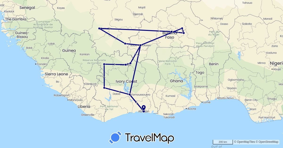 TravelMap itinerary: driving in Burkina Faso, Côte d'Ivoire, Mali (Africa)